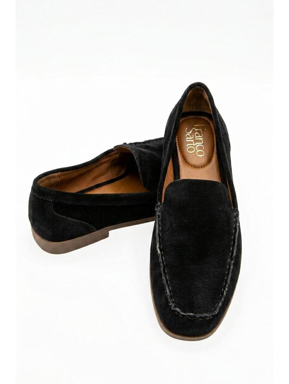 Franco Sarto Black Suede Loafers Women Leather Slip On Flats Office Quiet Luxury